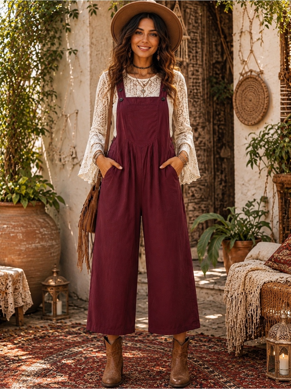 Burgundy Wide Leg Cropped Overall Jumpsuit Size L Boho Casual Pinafore